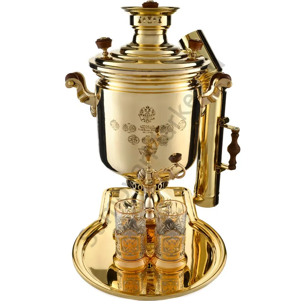 Самовар антикварный на дровах 8,5 литра формы «Банка» Баташева с медалями, в наборе из 7 предметов Самовар антикварный на дровах 8,5 литра формы «Банка» Баташева с медалями, в наборе из 7 предметов