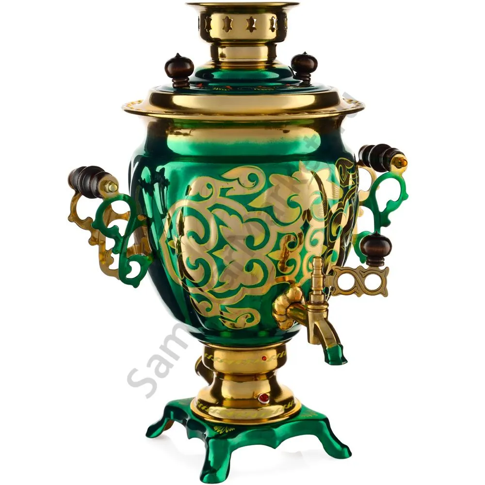 Самовар электрический 3 л. с автотключением худ. росписью «Орнамент зелёный» формы «Жёлудь» Самовар электрический 3 л. с автотключением худ. росписью «Орнамент зелёный» формы «Жёлудь»