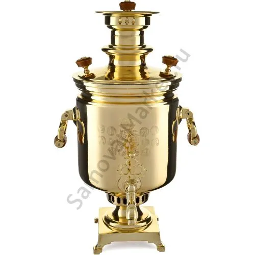 Самовар антикварный на дровах 7,5 литров формы «Банка» Гудков с медалями, золотистый