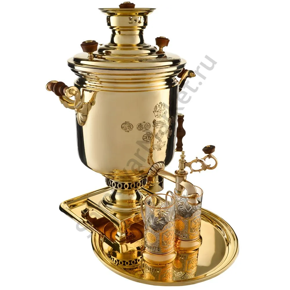 Самовар антикварный на дровах 8,5 литра формы «Банка» Баташева с медалями, в наборе из 7 предметов Самовар антикварный на дровах 8,5 литра формы «Банка» Баташева с медалями, в наборе из 7 предметов