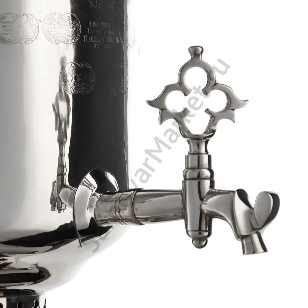 Самовар антикварный комбинированный 5,5 литров формы «Банка» Шемариных с медалями, серебристый Самовар антикварный комбинированный 5,5 литров формы «Банка» Шемариных с медалями, серебристый