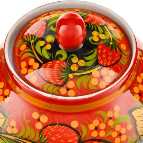 Сахарница с художественной росписью «Клубника в зелени №2 на красном 