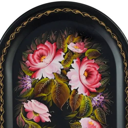 Поднос для самовара формы «Пуля» с художественной росписью «Пионы на чёрном»