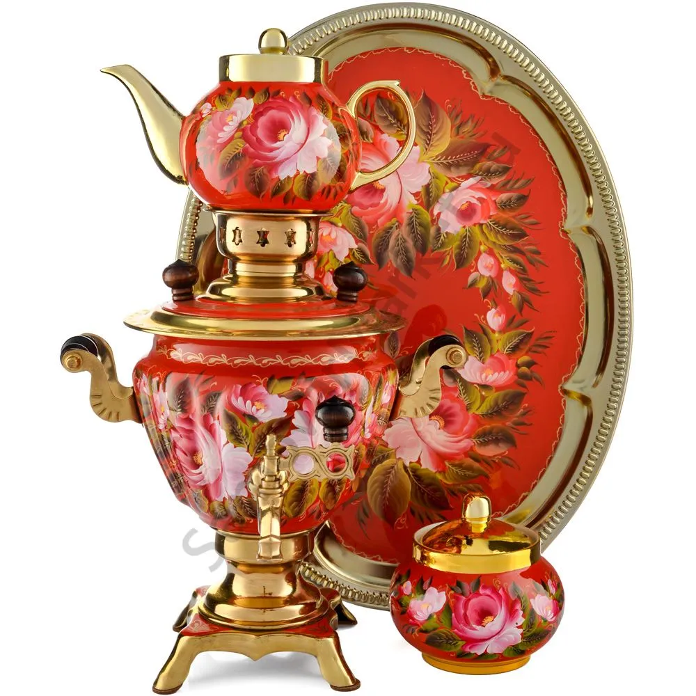 Самовар электрический 2 литра с худ. росписью «Пионы на красном в золоте» формы «Чаша» в наборе Самовар электрический 2 литра с худ. росписью «Пионы на красном в золоте» формы «Чаша» в наборе