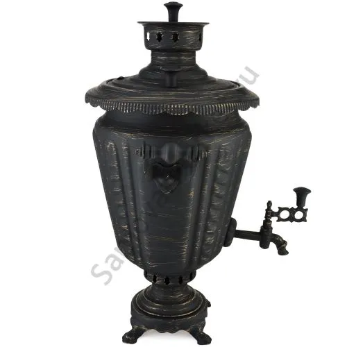 Самовар на дровах 7 литров формы «Рюмка гранная с косичкой», золотые нити в патине