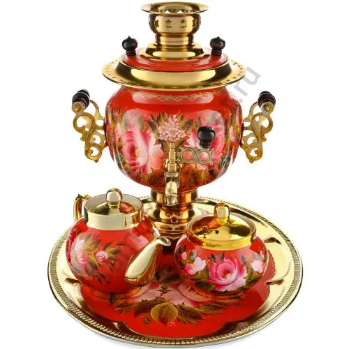 Самовар электрический 3л с автооткл, худ.росписью «Пионы на красном в зол.» формы «Овал» в наборе