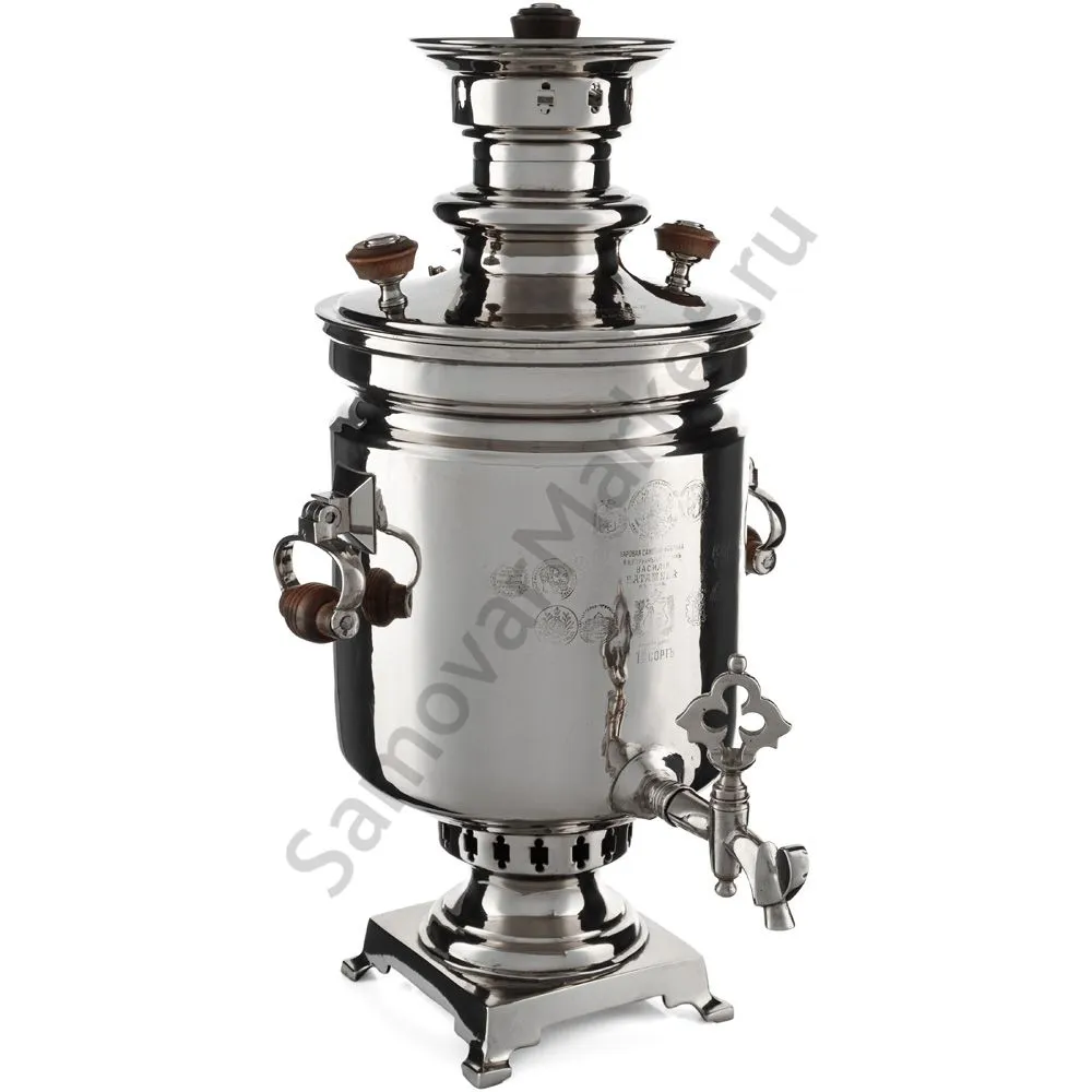 Самовар антикварный на дровах 5 литров формы «Банка» Горнина прием. Баташева с медалями, серебристый Самовар антикварный на дровах 5 литров формы «Банка» Горнина прием. Баташева с медалями, серебристый