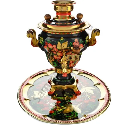 Самовар электрический 2,5 л с худ.росписью «Хохлома с ягодами в зелени №2» формы «Груша» c подносом