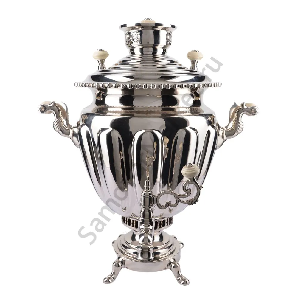 Самовар антикварный на дровах 6,5 литров формы «Ваза дольная», фурнитура кость, серебристый Самовар антикварный на дровах 6,5 литров формы «Ваза дольная», фурнитура кость, серебристый