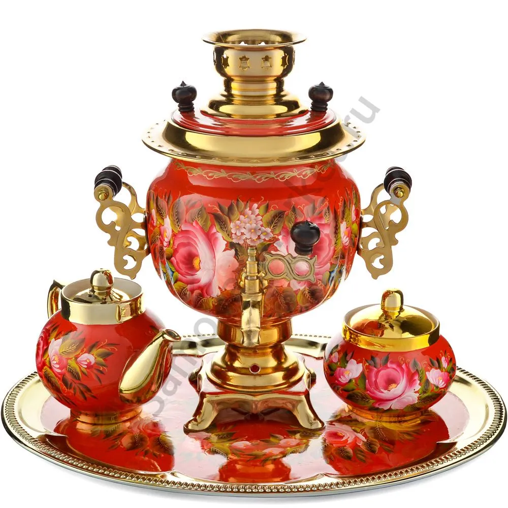 Самовар электрический 3л с автооткл, худ.росписью «Пионы на красном в зол.» формы «Овал» в наборе Самовар электрический 3л с автооткл, худ.росписью «Пионы на красном в зол.» формы «Овал» в наборе