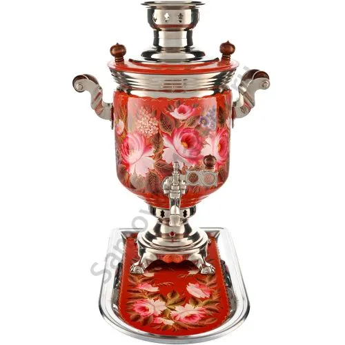 Самовар электрический 7 л с автооткл., худ.росписью «Пионы в серебре» формы «Банка» с подносом