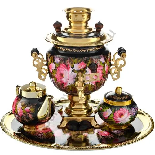 Самовар электрический 3 литра с художественной росписью «Пионы на чёрном» формы «Овал» в наборе