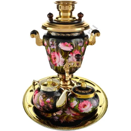 Самовар электрический 3 литра с художественной росписью «Пионы на чёрном» формы «Рюмка» в наборе