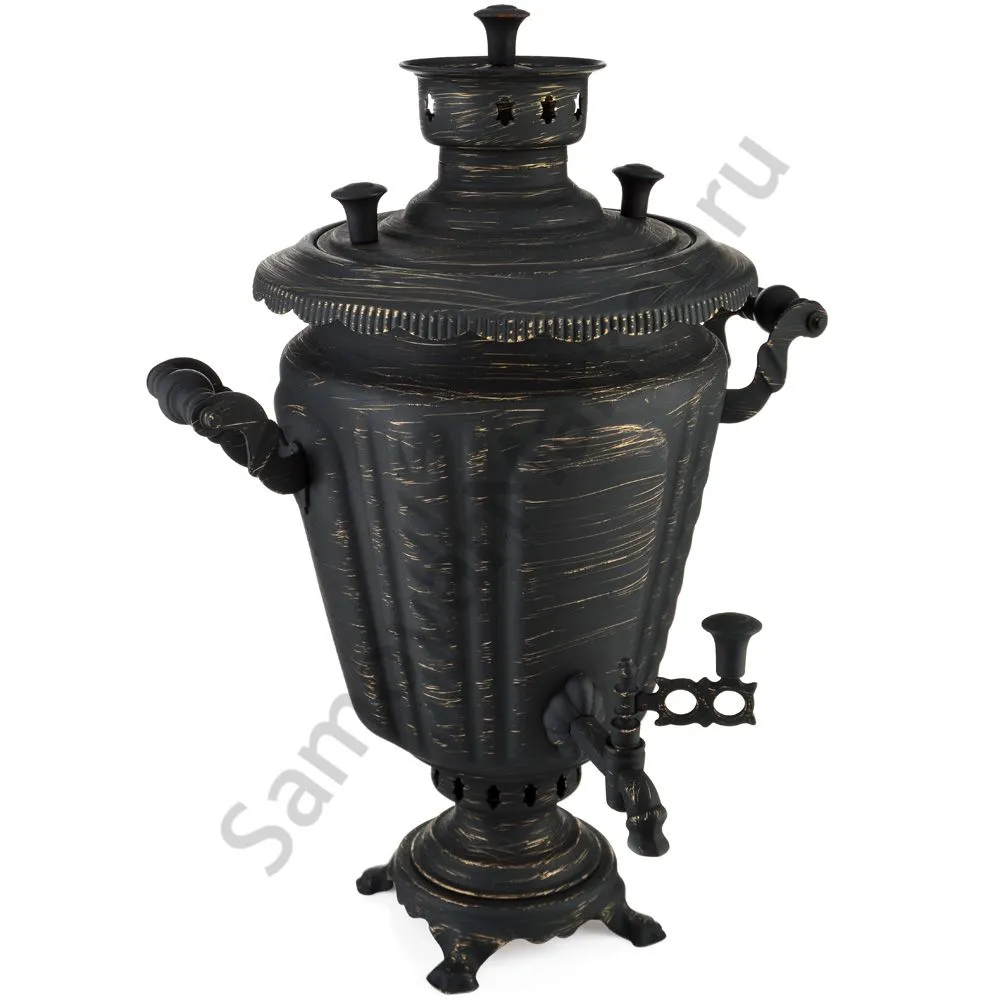 Самовар на дровах 7 литров формы «Рюмка гранная с косичкой», золотые нити в патине Самовар на дровах 7 литров формы «Рюмка гранная с косичкой», золотые нити в патине