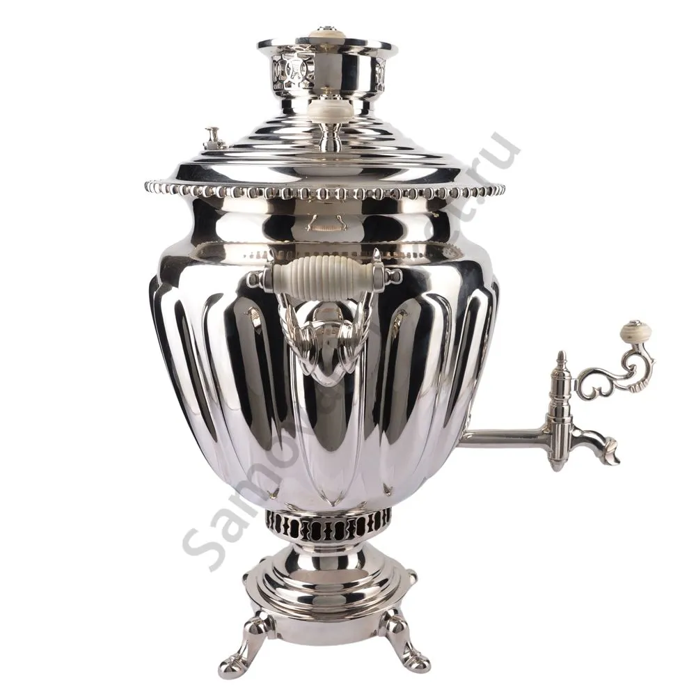 Самовар антикварный на дровах 6,5 литров формы «Ваза дольная», фурнитура кость, серебристый Самовар антикварный на дровах 6,5 литров формы «Ваза дольная», фурнитура кость, серебристый