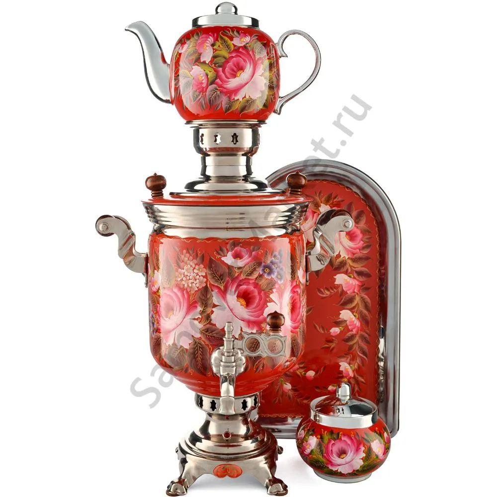 Самовар электрический 7 л с автоот., худ.росписью «Пионы в серебре» формы «Банка» в наборе Самовар электрический 7 л с автоот., худ.росписью «Пионы в серебре» формы «Банка» в наборе