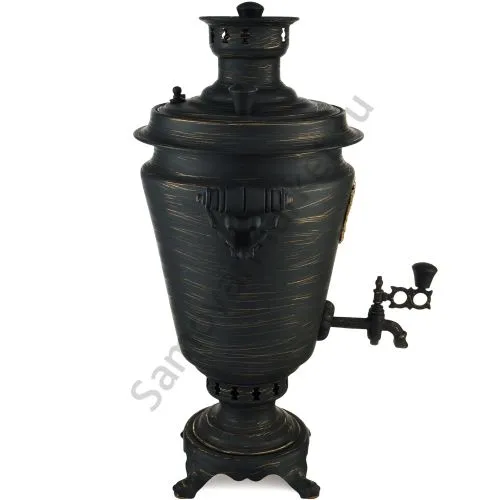 Самовар на дровах 7 литров формы «Рюмка с гербом РФ», золотые нити в патине, категория «Эксклюзив»