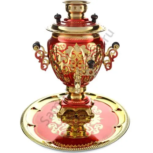 Самовар электрический 3 л. с художественной росписью «Орнамент красный» с подносом, формы «Жёлудь»