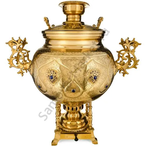 Самовар буфетный на дровах 60 л. формы«Шар»два крана на скульптурных стойках, инкрустация«Лазуритом»