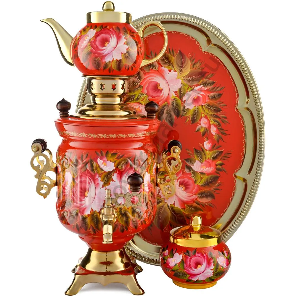 Самовар электрический 3 литра с худ.росписью «Пионы на красном в золоте» формы «Банка» в наборе Самовар электрический 3 литра с худ.росписью «Пионы на красном в золоте» формы «Банка» в наборе