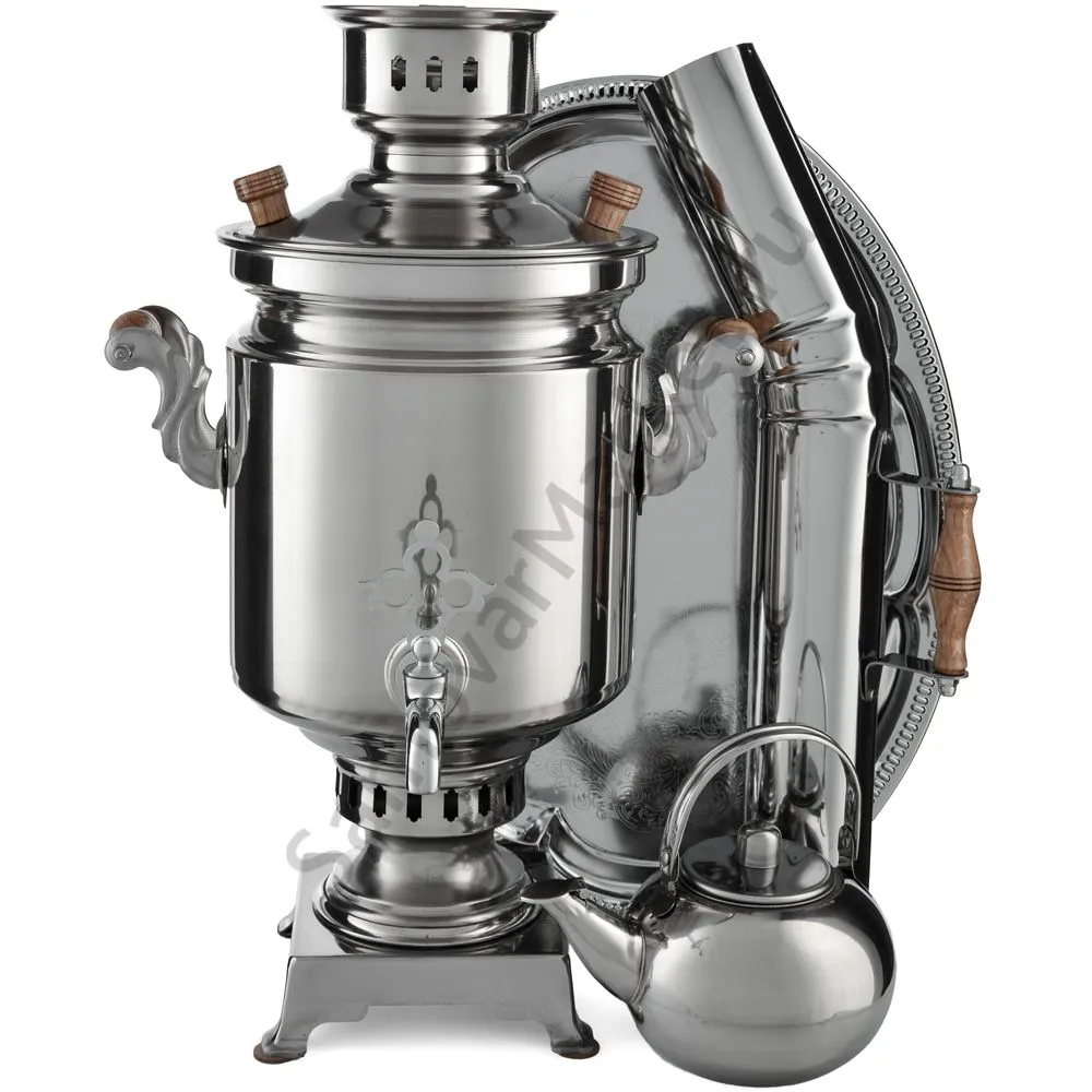 Самовар на дровах из нержавейки 5 литров формы «Банка» в наборе из 4 предметов (труба в подарок) Самовар на дровах из нержавейки 5 литров формы «Банка» в наборе из 4 предметов (труба в подарок)