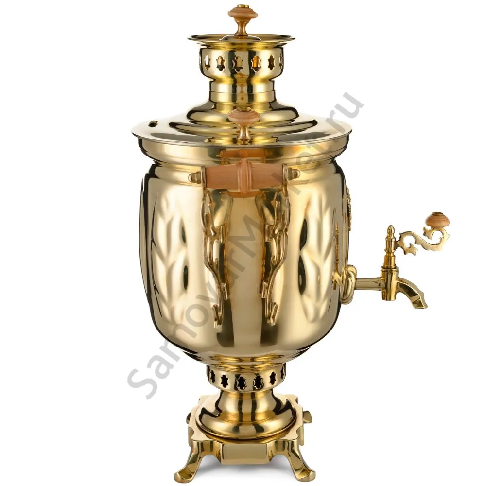 Самовар на дровах 5 литров формы «Банка с листьями с гербом РФ», золотой Самовар на дровах 5 литров формы «Банка с листьями с гербом РФ», золотой