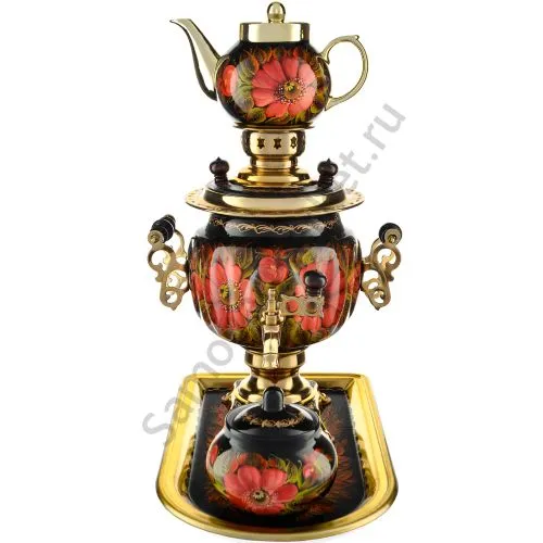 Самовар электрический 3 литра с автоотключением,худ.росписью «Маки на чёрном» формы«Овал» в наборе