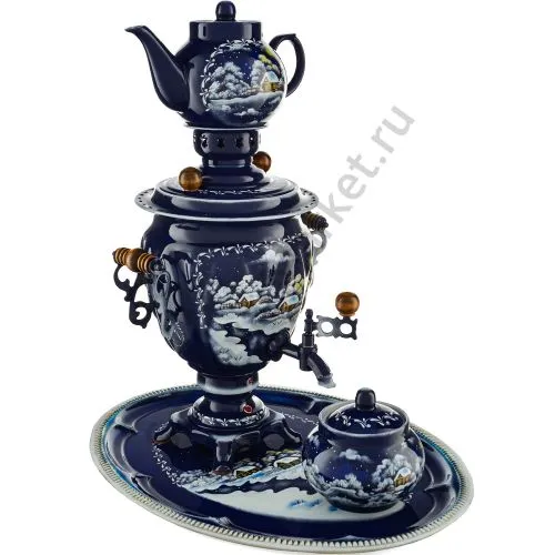 Самовар электрический 3 л. с авто.откл. худ.росписью «Зима» формы «Жёлудь» в наборе из 4 предметов