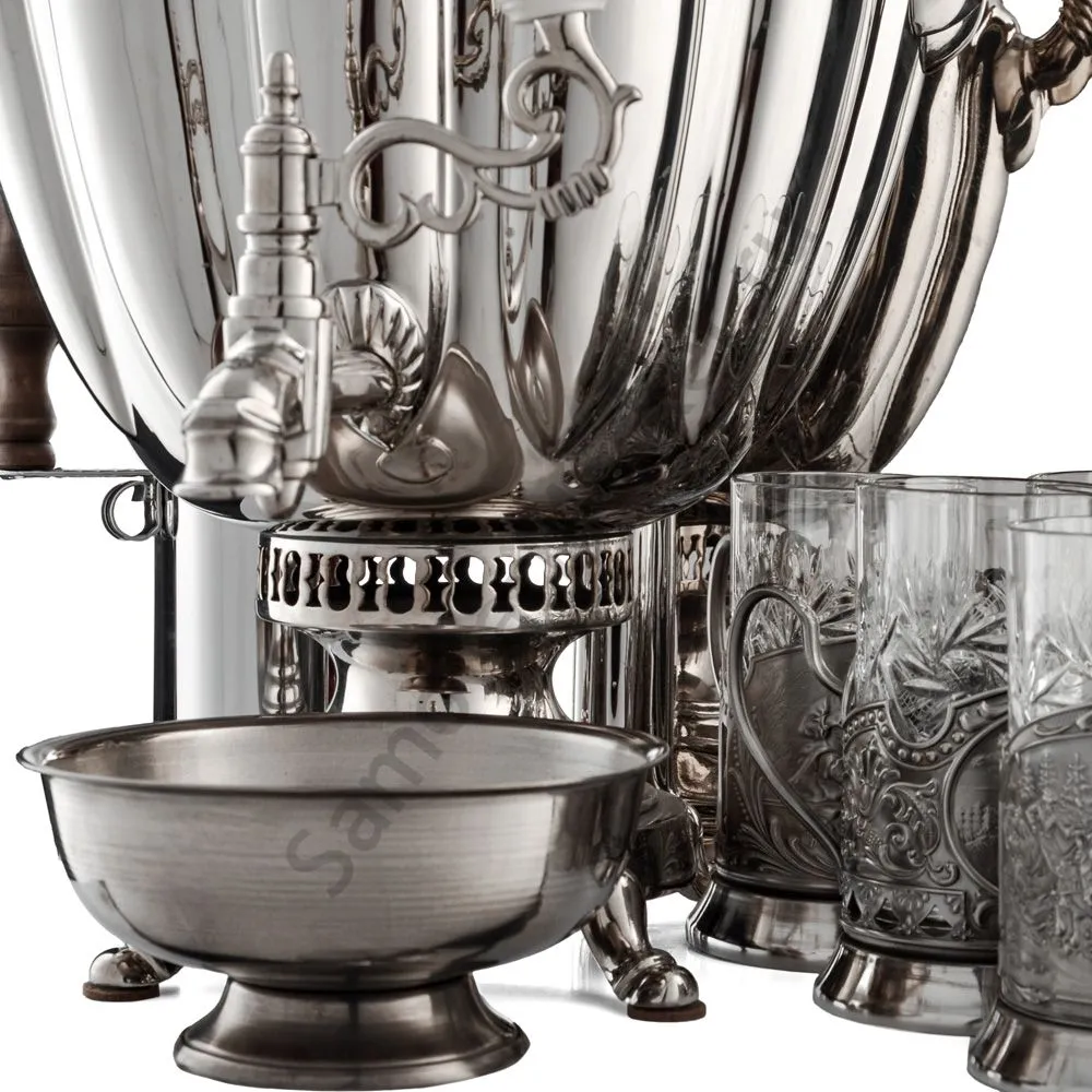 Самовар антикварный на дровах 6,5 л. формы «Ваза дольная», фурнитура кость, в наборе из 17 предметов Самовар антикварный на дровах 6,5 л. формы «Ваза дольная», фурнитура кость, в наборе из 17 предметов