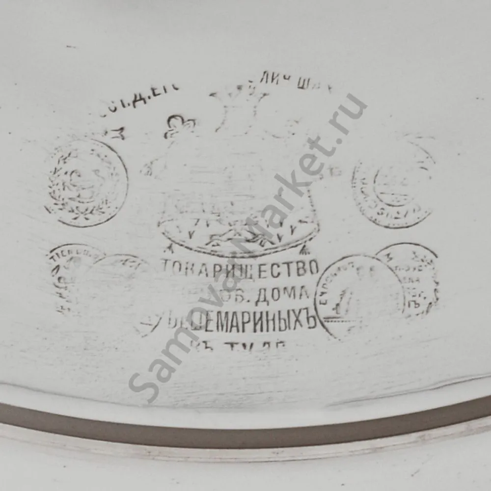 Самовар антикварный комбинированный 5,5 литров формы «Банка» Шемариных с медалями, серебристый Самовар антикварный комбинированный 5,5 литров формы «Банка» Шемариных с медалями, серебристый