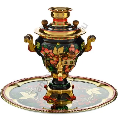 Самовар электрический 2,5 л с худ.росписью «Хохлома с ягодами в зелени №2» формы «Груша» c подносом