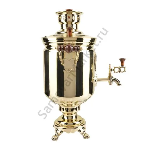 Самовар на дровах 7 литров формы «Банка с гербом РФ», золотой, категория «Люкс»