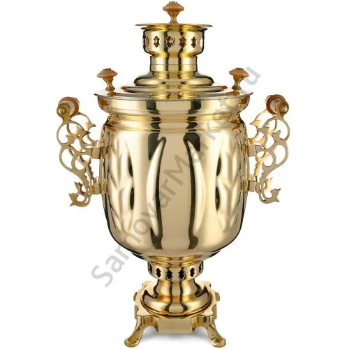 Самовар на дровах 5 литров формы «Банка с листьями с гербом РФ», золотой