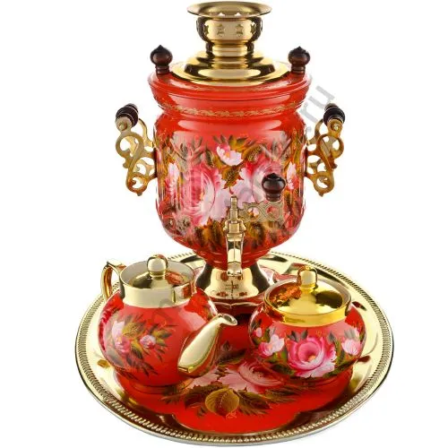 Самовар электрический 3 литра с худ.росписью «Пионы на красном в золоте» формы «Банка» в наборе
