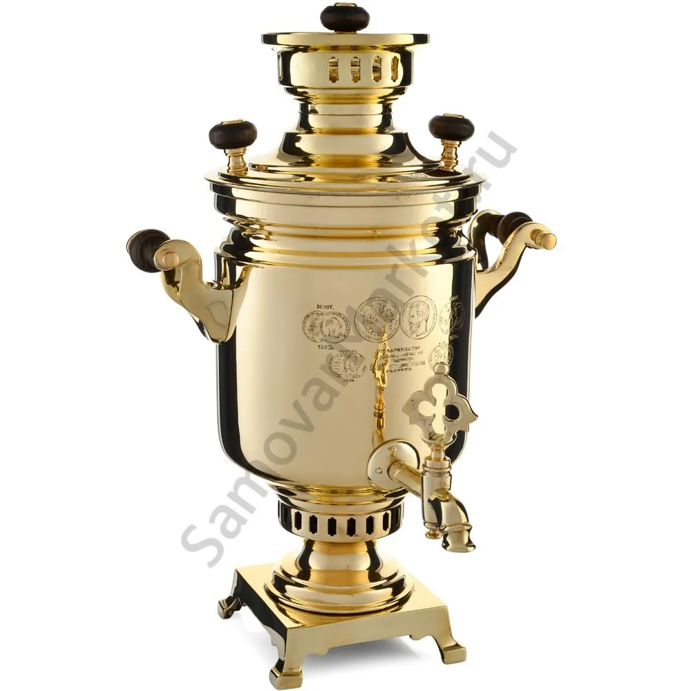 Самовар антикварный на дровах 3 литра формы «Банка» В.С. Баташева с медалями, золотой Самовар антикварный на дровах 3 литра формы «Банка» В.С. Баташева с медалями, золотой