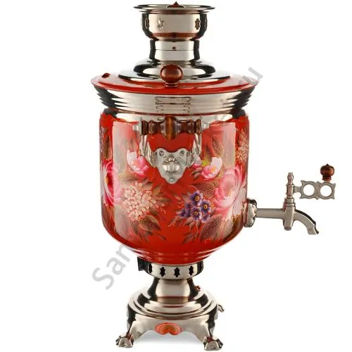 Самовар электрический 7 л с автоотключением, худ.росписью «Пионы на красном в серебре» формы «Банка»