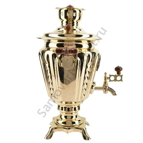 Самовар на дровах 2,8 литра формы «Рюмка с гербом РФ», золотой, категория «Люкс»