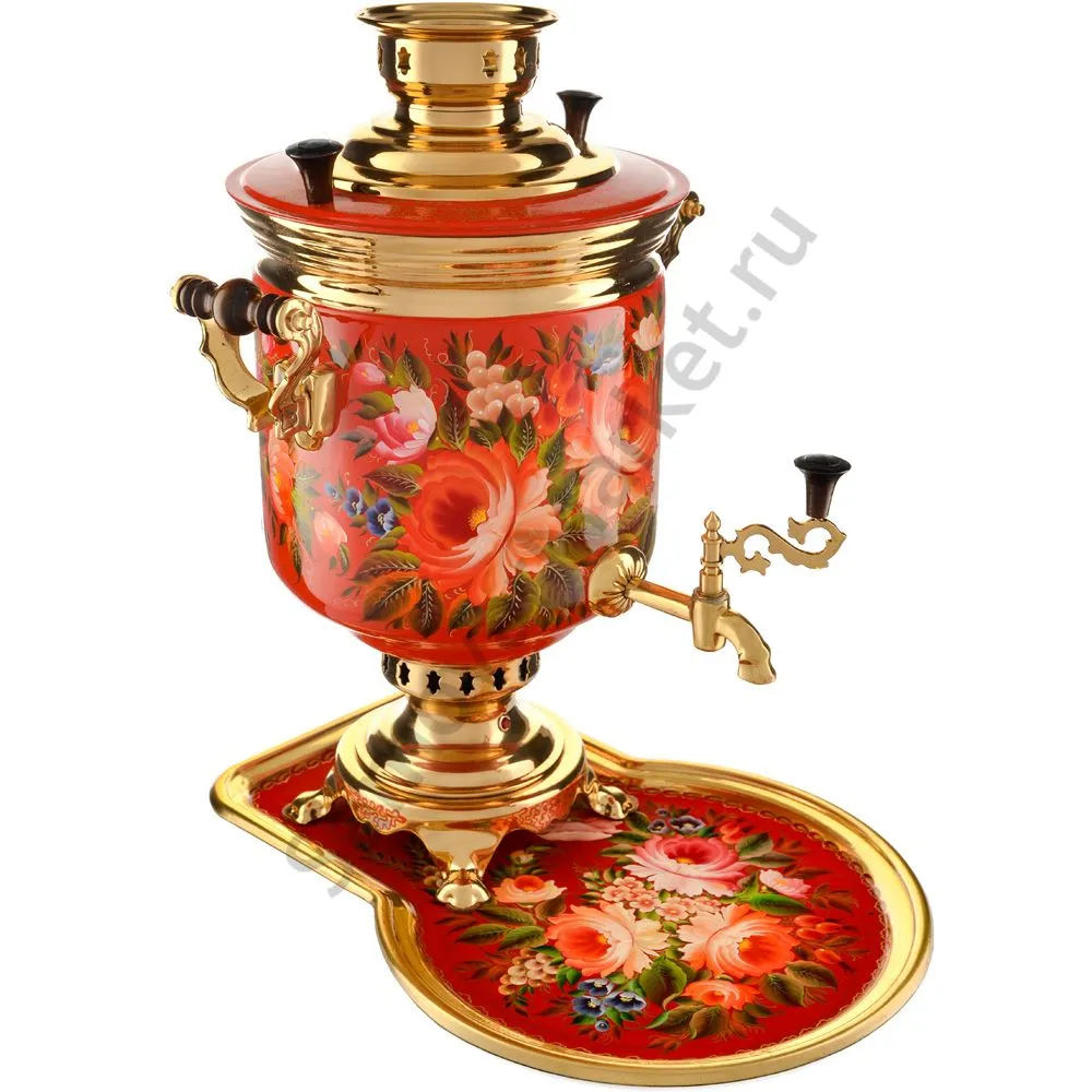 Самовар электрический 10л с автоот., худ.росписью «Пионы в золоте» формы «Банка» с подносом Самовар электрический 10л с автоот., худ.росписью «Пионы в золоте» формы «Банка» с подносом