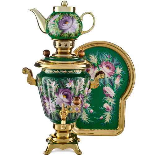 Самовар электрический 3 литра с художественной росписью «Пионы на зелёном» в наборе, формы «Рюмка»