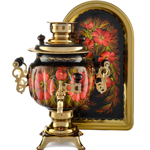 Самовар электрический 3 литра с автоотключением,худ.росписью «Маки на чёрном» формы«Овал» с подносом