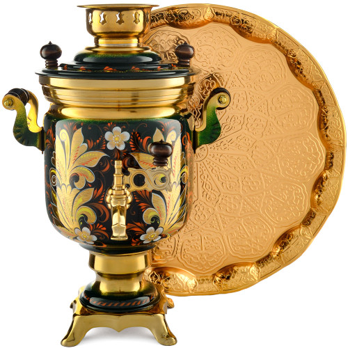 Самовар электрический 3 л. с художественной росписью «Кудрина малахитовая» с подносом, формы «Банка»