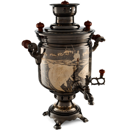 Самовар на дровах 5 литров формы «Банка» с рисунком  «Рыбалка»