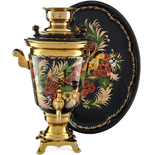 Самовар электрический 4 литра художественной росписью «Хохлома клубника» формы «Рюмка» с подносом