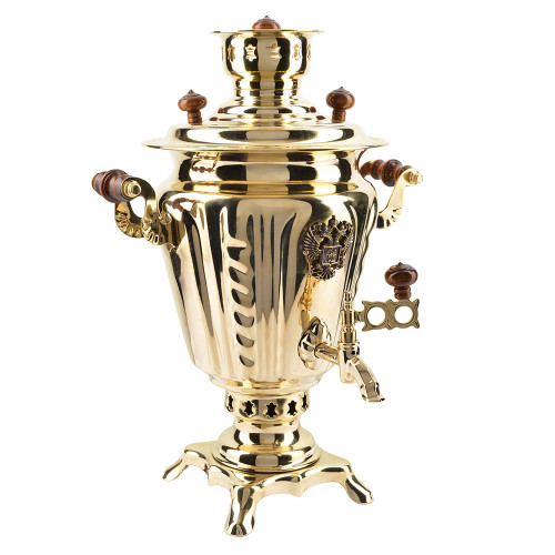 Самовар на дровах 2,8 литра формы «Рюмка с гербом РФ», золотой, категория «Люкс»