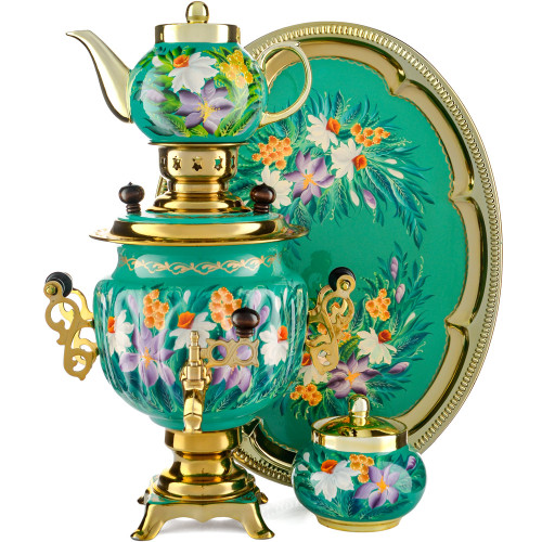 Самовар электрический 3 литра с худ. росписью «Нарциссы на зелёном в золоте» в наборе, формы «Овал» 