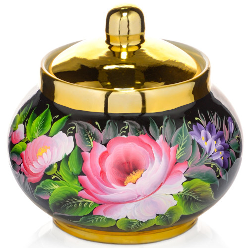 Сахарница с художественной росписью «Пионы на чёрном в золоте» 