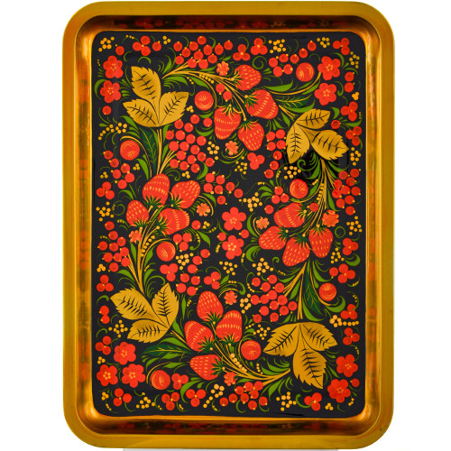 Поднос для самовара прямоугольный с художественной росписью «Хохлома с ягодами в зелени»