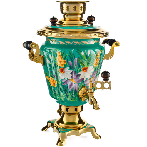 Самовар электрический 3 литра с художественной росписью «Нарциссы на зелёном в золоте» формы «Рюмка