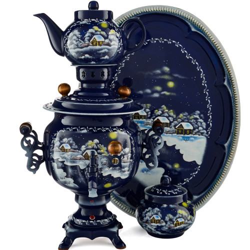 Самовар электрический 3 л. с авто.откл. худ.росписью «Зима» формы «Овал» в наборе из 4 предметов