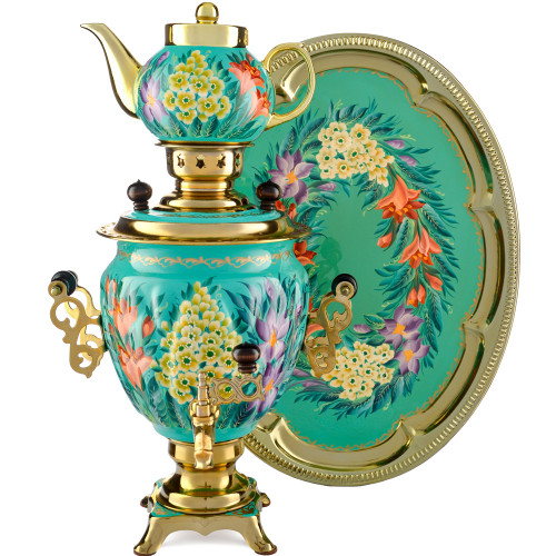 Самовар электрический 3 литра с худ. росписью «Весенние цветы в золоте» в наборе формы «Жёлудь»